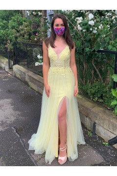 Long Yellow Lace and Tulle Prom Dress Formal Evening Gowns with Beads 901001