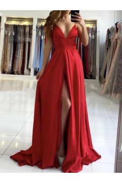 A-Line V Neck Long Prom Dresses Formal Evening Gowns with Slit 901002
