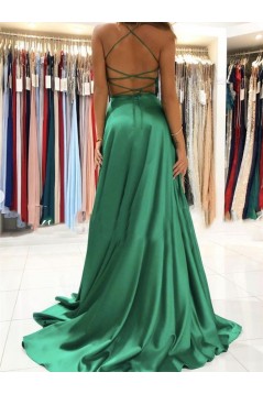 A-Line V Neck Long Prom Dresses Formal Evening Gowns with Slit 901002