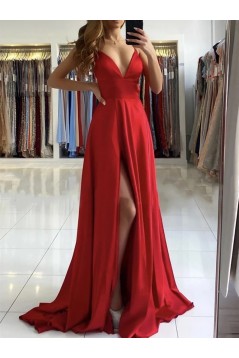 A-Line V Neck Long Prom Dresses Formal Evening Gowns with Slit 901002