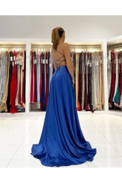 A-Line V Neck Long Prom Dresses Formal Evening Gowns with Slit 901002