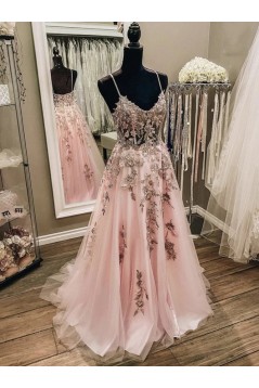 A-Line Long Pink Prom Dresses Formal Evening Gowns with Lace Appliques 901011