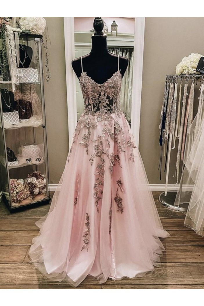 A-Line Long Pink Prom Dresses Formal Evening Gowns with Lace Appliques 901011