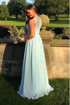 Long Blue Chiffon and Lace Prom Dresses Formal Evening Gowns 901016