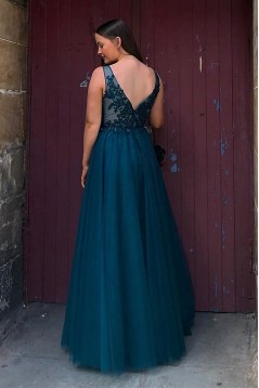 Long Navy Blue V Neck Lace and Tulle Prom Dresses Formal Evening Gowns with Beads 901017