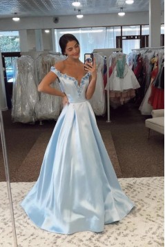 A-Line Long Yellow Satin Prom Dresses Formal Evening Gowns with Pockets 901019