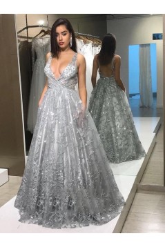 A-Line V Neck Lace Long Prom Dresses Formal Evening Gowns 901023