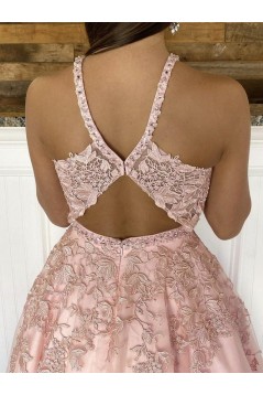 Long Pink Lace and Satin Prom Dresses Formal Evening Gowns 901031