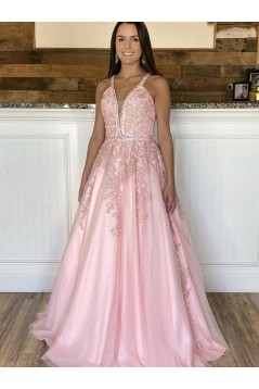 Long Pink Lace and Satin Prom Dresses Formal Evening Gowns 901031