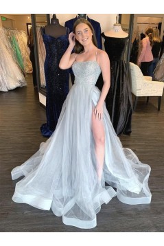 A-Line Tulle Long Beaded Prom Dresses Formal Evening Gowns 901034