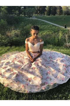 Long Pink Two Pieces Embroidered Prom Dresses Formal Evening Gowns 901051