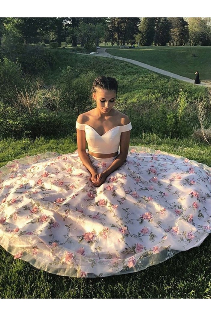 Long Pink Two Pieces Embroidered Prom Dresses Formal Evening Gowns 901051