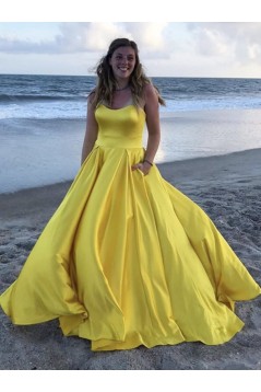 Long Yellow Strapless Satin Prom Dresses Formal Evening Gowns 901052