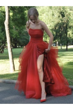A-Line Strapless Tulle Long Prom Dresses Formal Evening Gowns 901056