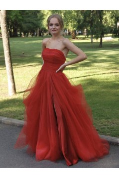 A-Line Strapless Tulle Long Prom Dresses Formal Evening Gowns 901056