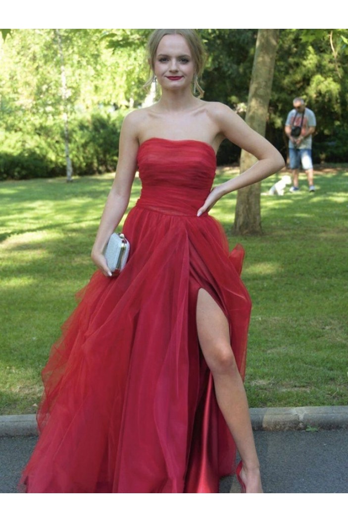 A-Line Strapless Tulle Long Prom Dresses Formal Evening Gowns 901056