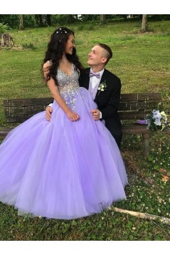 A-Line Lavender Tulle Long Beaded Prom Dresses Formal Evening Gowns 901061