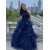 A-Line Lace and Tulle Long Navy Blue Prom Dresses Formal Evening Gowns 901065