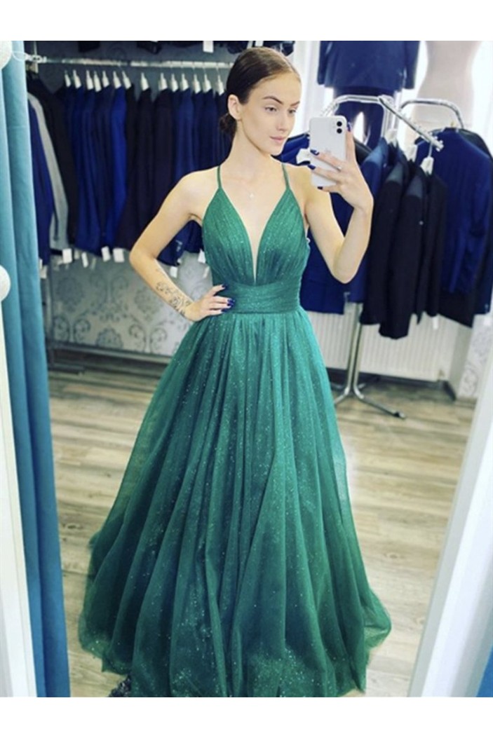 A-Line Sparkle Tulle Long Green Prom Dresses Formal Evening Gowns 901066