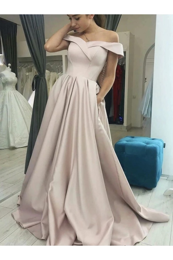 A-Line Off the Shoulder Long Satin Prom Dresses Formal Evening Gowns 901072