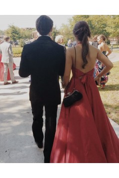 A-Line Red V Neck Long Prom Dresses Formal Evening Gowns 901074