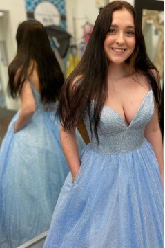 Long Blue Sparkle Tulle Prom Dresses Formal Evening Gowns 901079