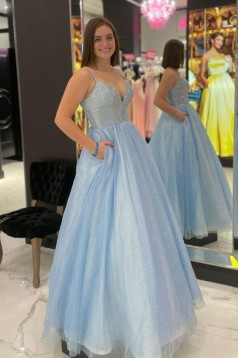 Long Blue Sparkle Tulle Prom Dresses Formal Evening Gowns 901079