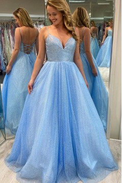 Long Blue Sparkle Tulle Prom Dresses Formal Evening Gowns 901079
