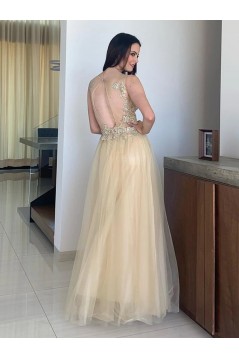 A-Line Lace and Tulle Long Prom Dresses Formal Evening Gowns 901099