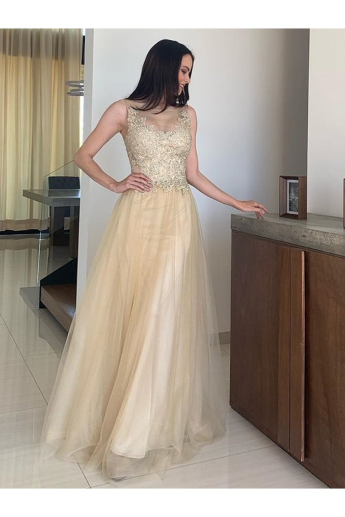 A-Line Lace and Tulle Long Prom Dresses Formal Evening Gowns 901099