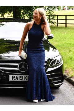 Elegant Long Blue Lace Mermaid Prom Dresses Formal Evening Gowns 901101