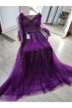 A-Line Long Purple Lace Long Sleeves Prom Dresses Formal Evening Gowns 901105