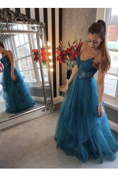 A-Line Long Blue Spaghetti Straps Prom Dress Formal Evening Gowns 901140