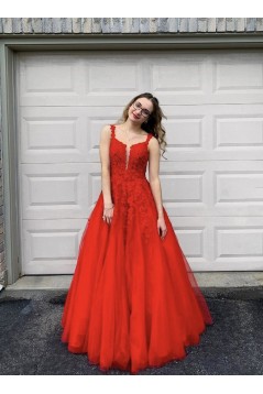 A-Line Long Red Lace and Tulle Beaded Prom Dress Formal Evening Gowns 901143
