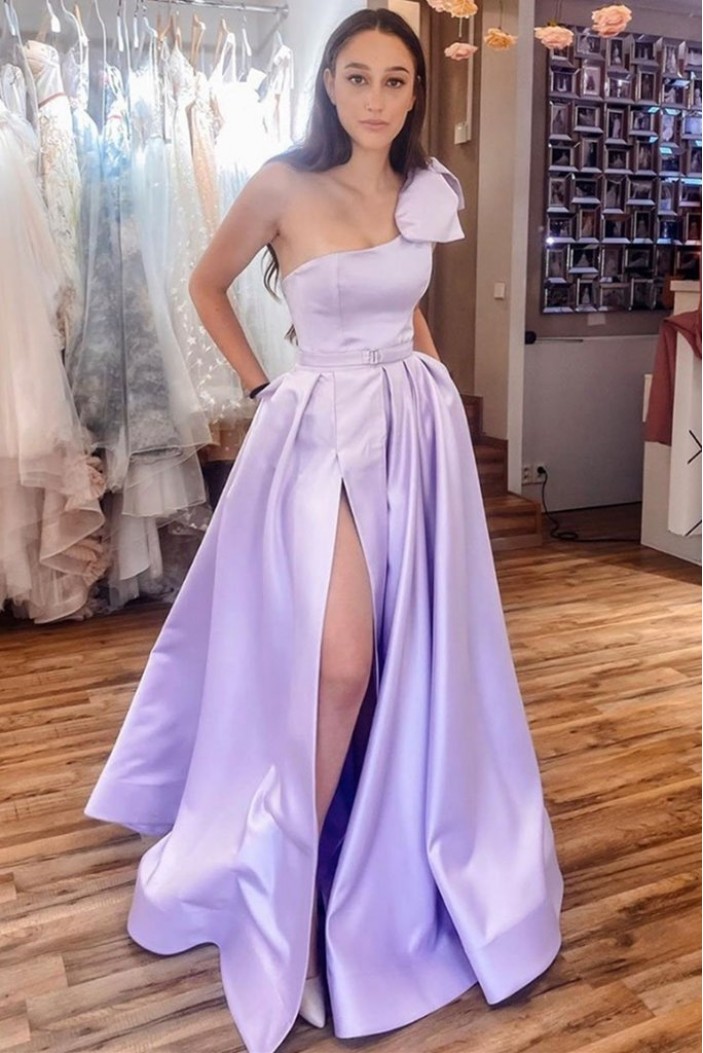 A-Line One Shoulder Satin Prom Dress Formal Evening Gowns 901150