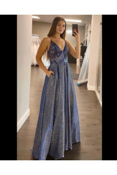 A-Line Long Blue Lace Sparkle Prom Dress Formal Evening Gowns 901157