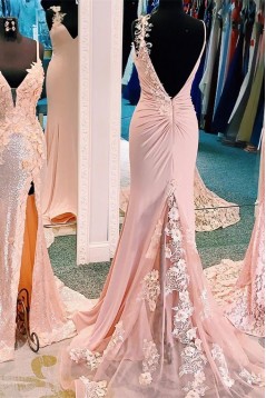 Long Pink Mermaid Lace Prom Dress Formal Evening Gowns 901158