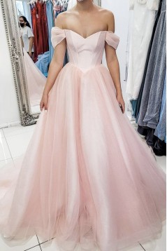 A-Line Long Pink Tulle Prom Dress Formal Evening Gowns 901194