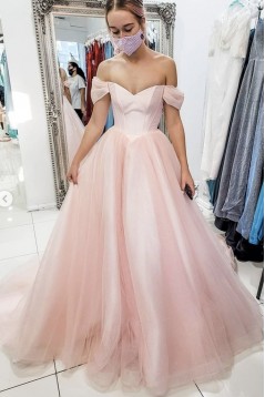 A-Line Long Pink Tulle Prom Dress Formal Evening Gowns 901194