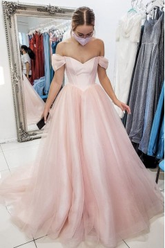 A-Line Long Pink Tulle Prom Dress Formal Evening Gowns 901194