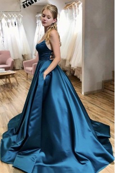 A-Line Satin Spaghetti Straps Prom Dress Formal Evening Gowns 901200