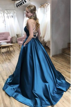 A-Line Satin Spaghetti Straps Prom Dress Formal Evening Gowns 901200