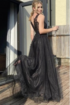 Long Black Lace and Tulle Prom Dress Formal Evening Gowns 901217