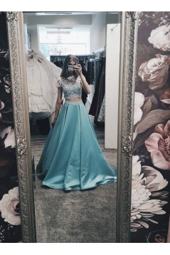 A-Line Long Blue Satin White Lace Prom Dress Formal Evening Gowns 901225