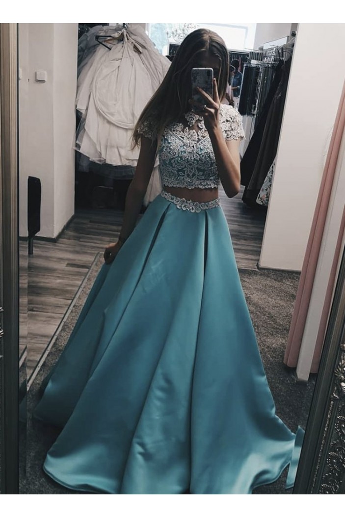 A-Line Long Blue Satin White Lace Prom Dress Formal Evening Gowns 901225