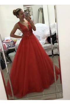 Long Red Lace and Tulle Prom Dress Formal Evening Gowns 901226