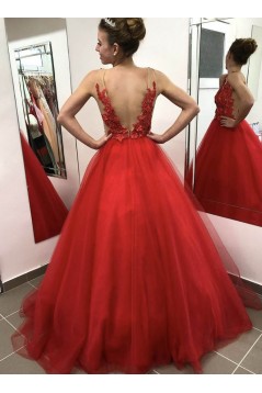 Long Red Lace and Tulle Prom Dress Formal Evening Gowns 901226