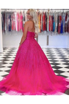 A-Line Strapless Sequin Tulle Long Prom Dress Formal Evening Gowns 901227