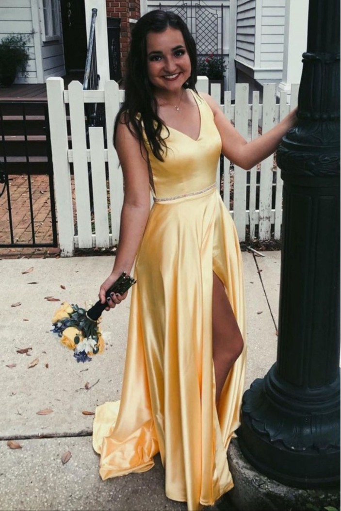 A-Line Long Yellow Prom Dress Formal Evening Gowns 901234