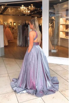 A-Line V Neck Sparkle Prom Dress Formal Evening Gowns 901240